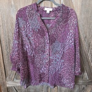 CJ Banks Shirt Women's Size 16/18W Purple‎ Floral Paisley Lightweight Sheer